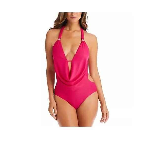 Bar III Cowlneck Monokini One Piece Swimsuit Size XS Ruby Pink Halter New - Picture 1 of 6